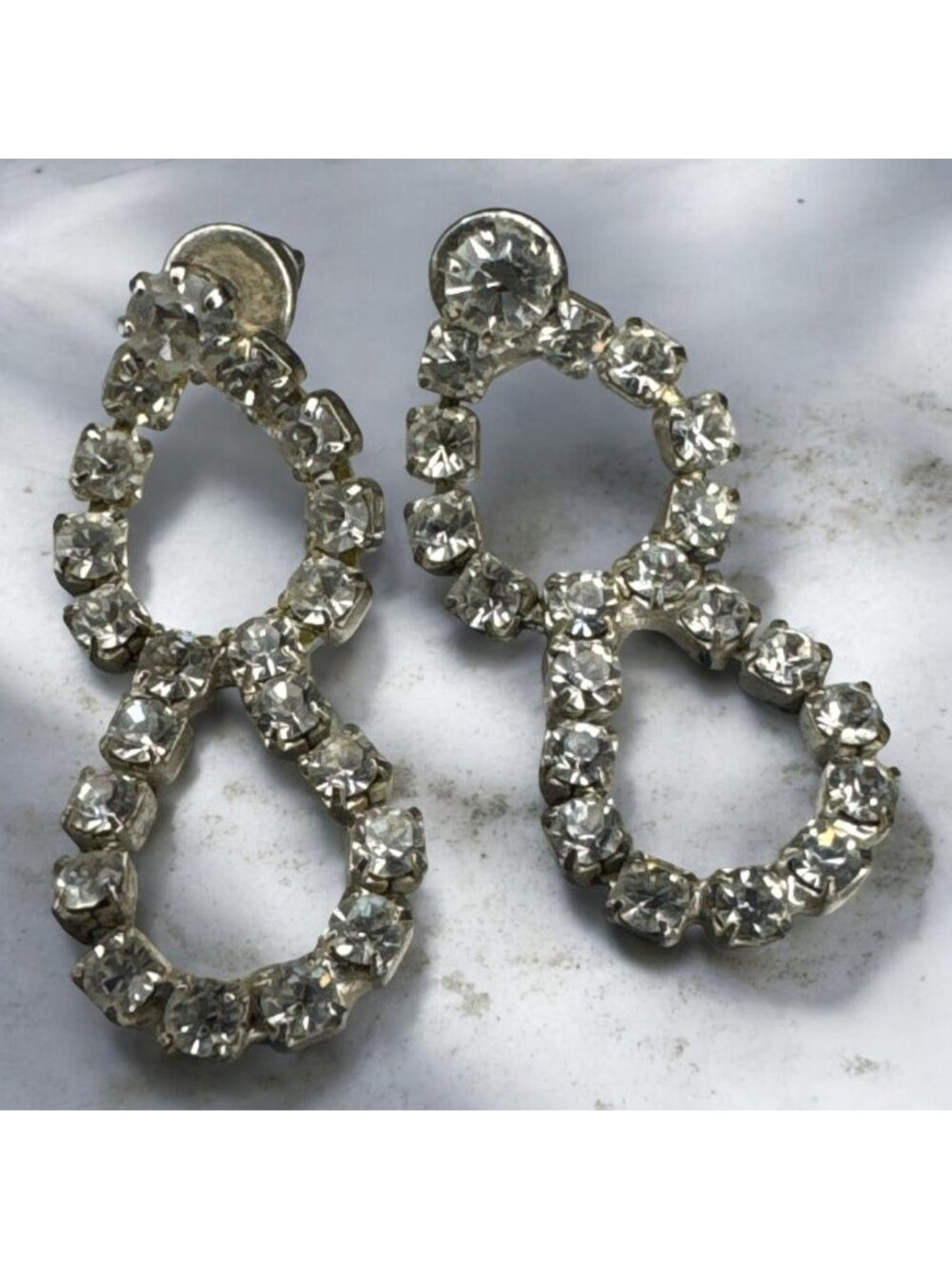 Rhinestone Double Hoop Dangle Earrings Silver-Tone Post Back Elegant & Lightweig